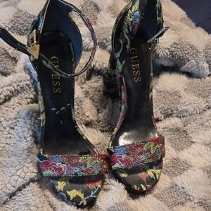 GUESS Women's Floral Heels - Black, Red, and Green